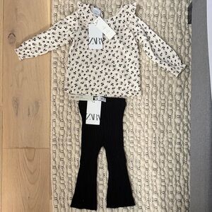 Zara Cream Floral Top and Black Ribbed Pants